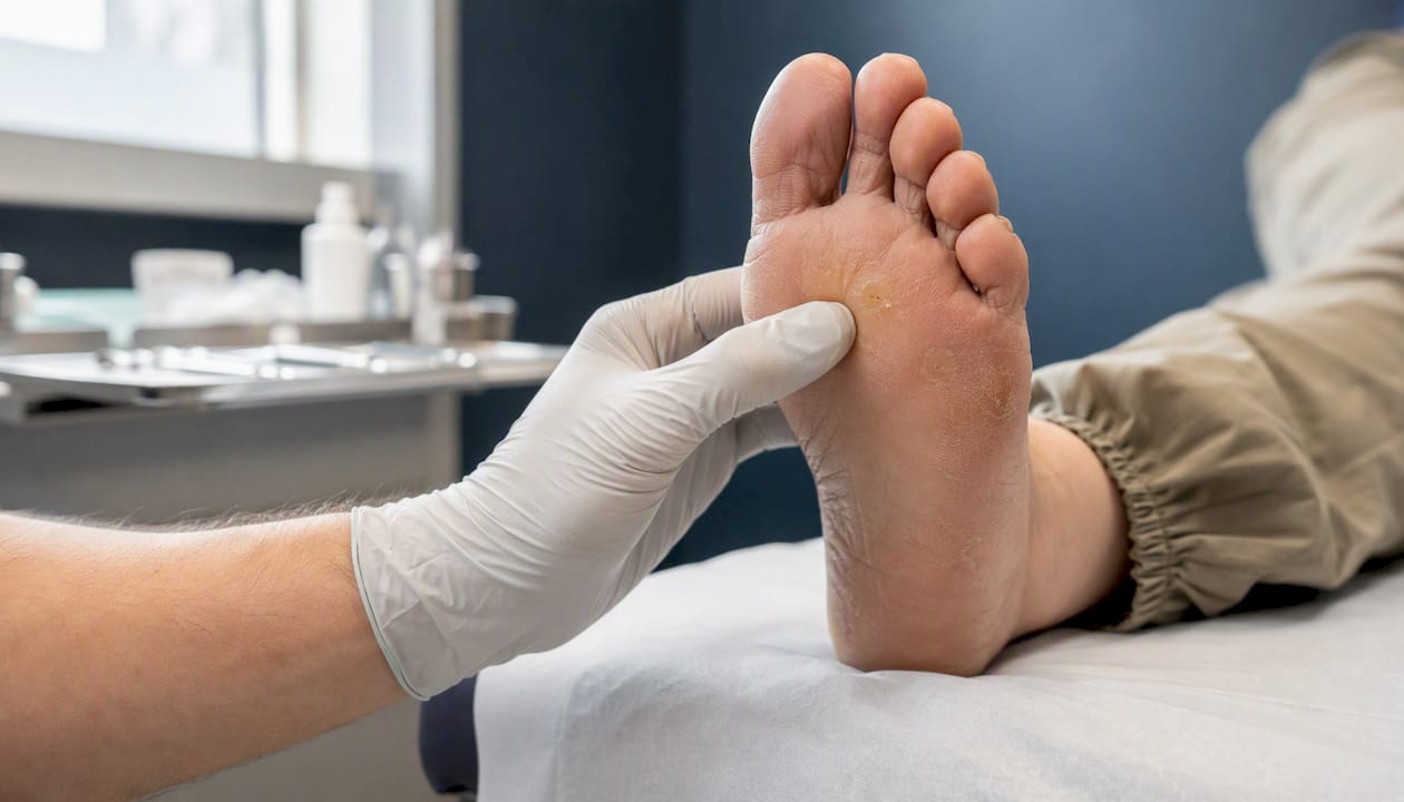 Doctor examining corn on foot