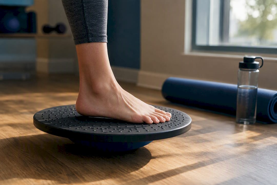 Bare foot on wobble board for balance training