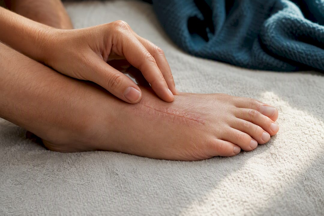 Hand massaging healed surgical scar on foot