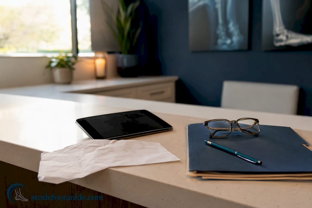 Clinic desk with medical claim paperwork and tablet