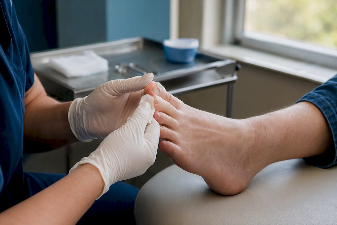 Podiatrist cleaning foot before procedure