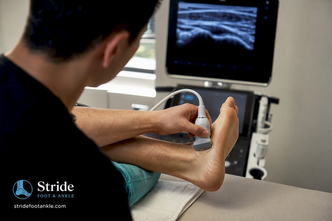 Clinician performing dynamic ultrasound of outer ankle