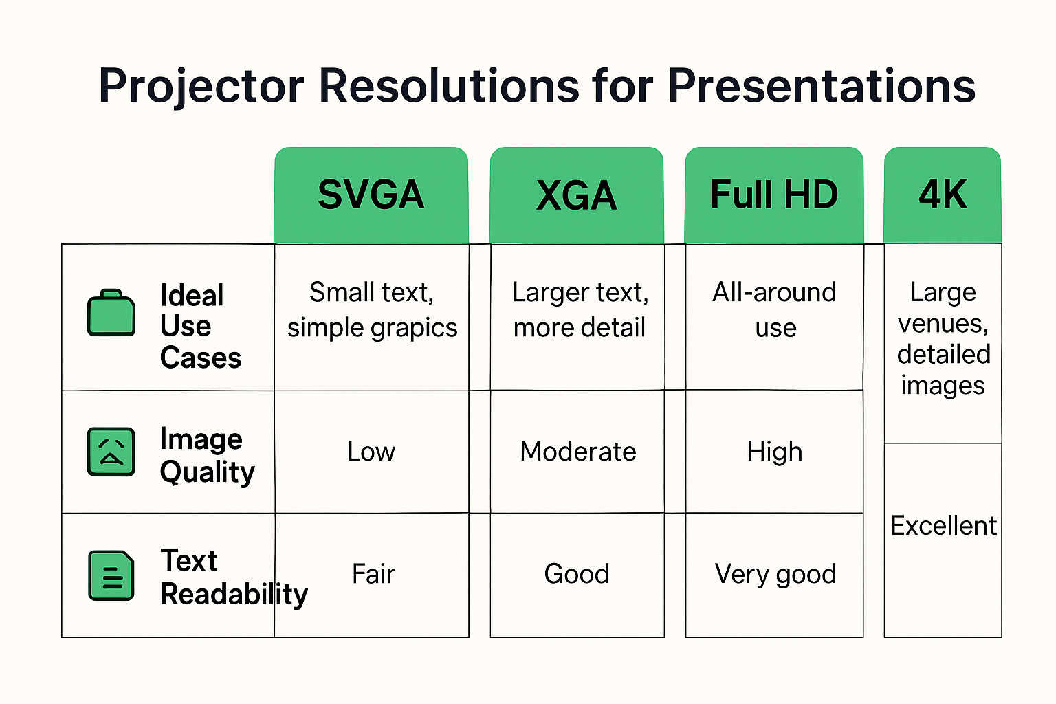 Comparison chart of projector resolutions and best use cases