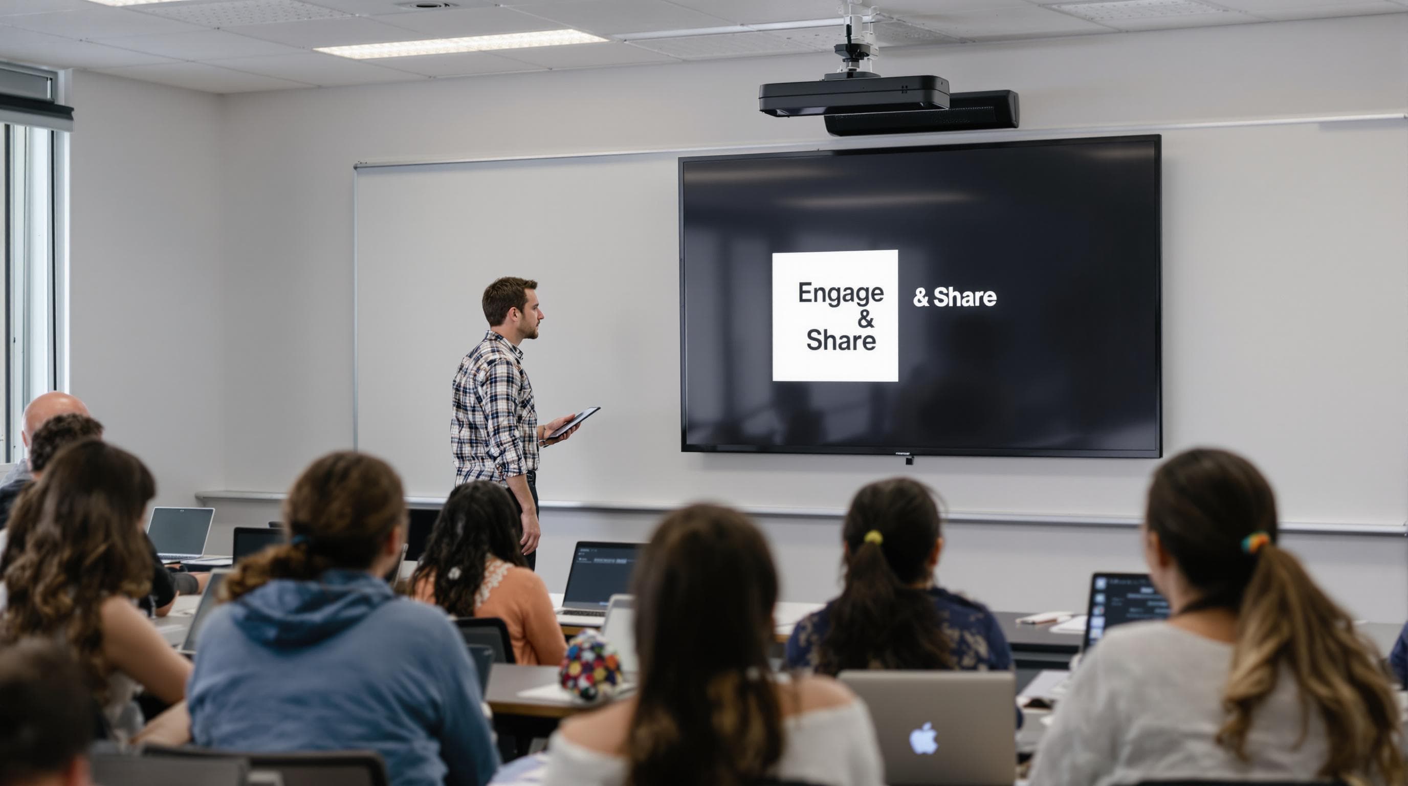 Teacher projects tablet content in classroom, 'Engage & Share' on screen