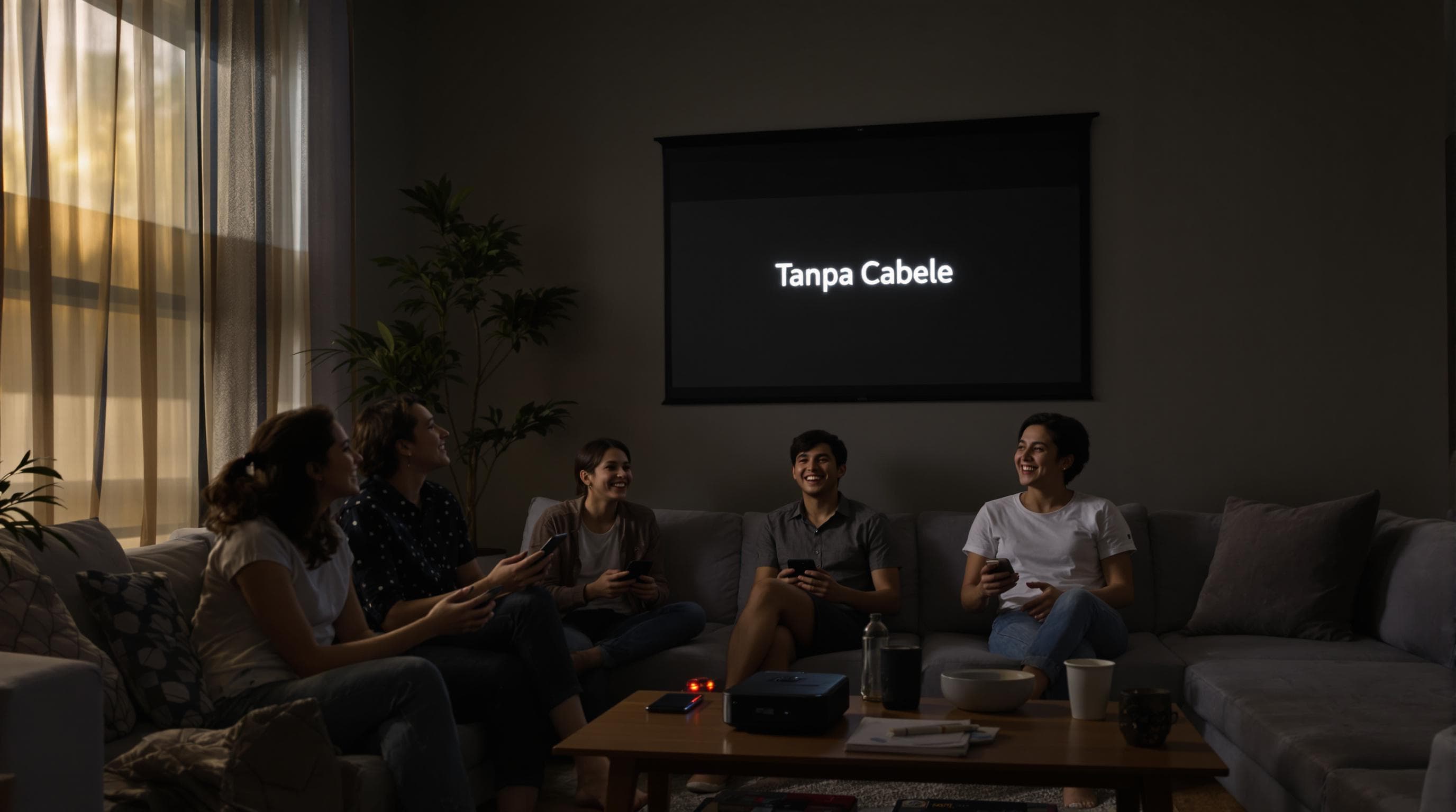 Friends sharing wireless projector viewing at home with seamless connectivity