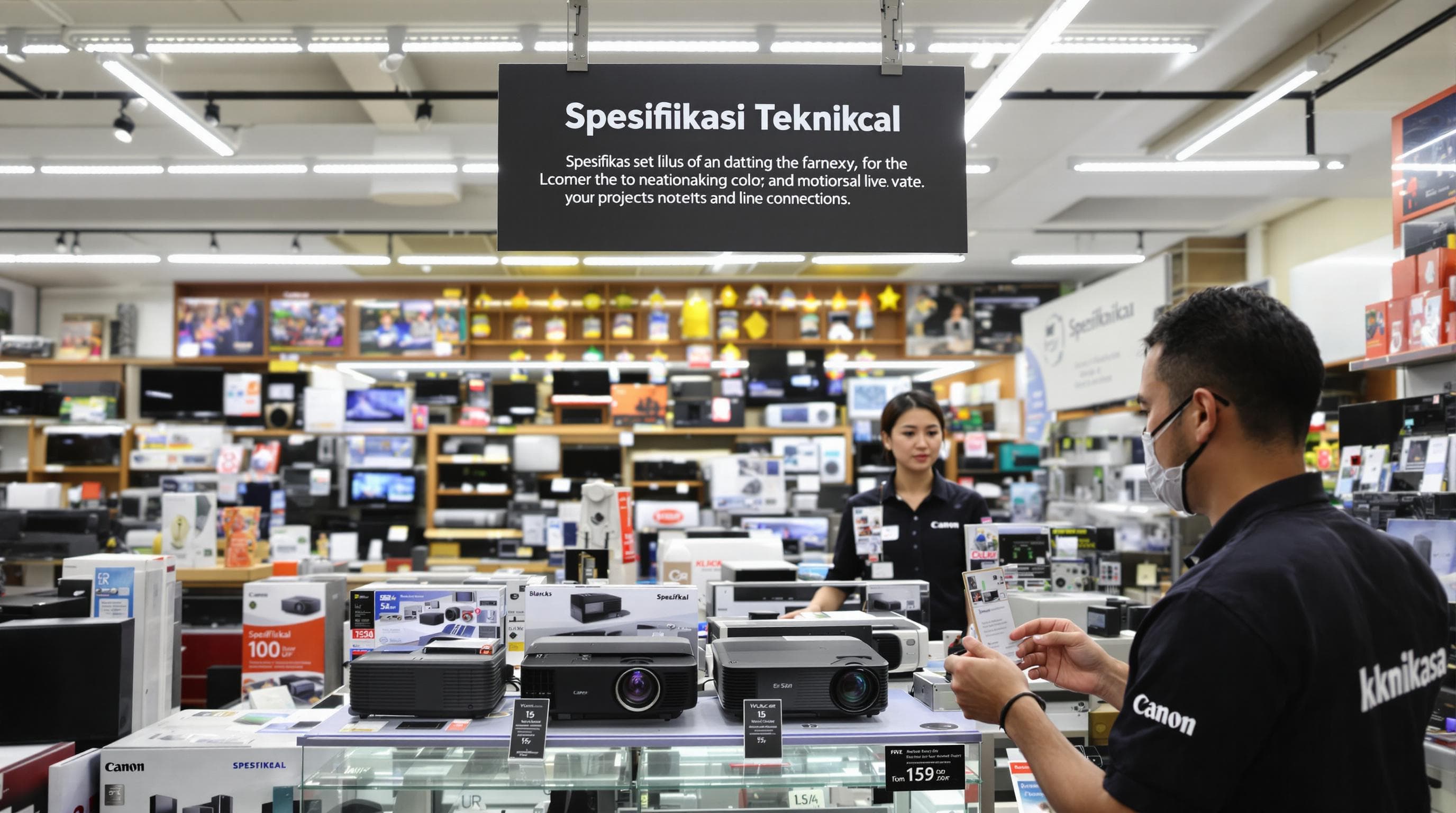 Consumer checking projector voltage label in Malaysian electronics store