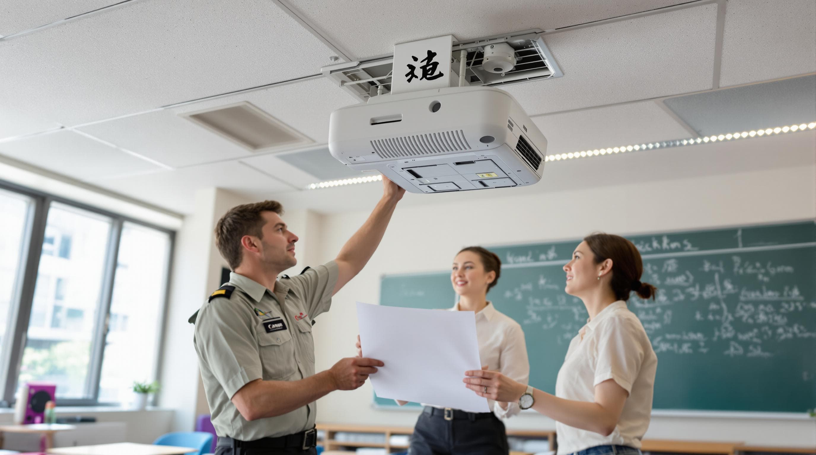 Technician in classroom installing projector with teachers coordinating setup