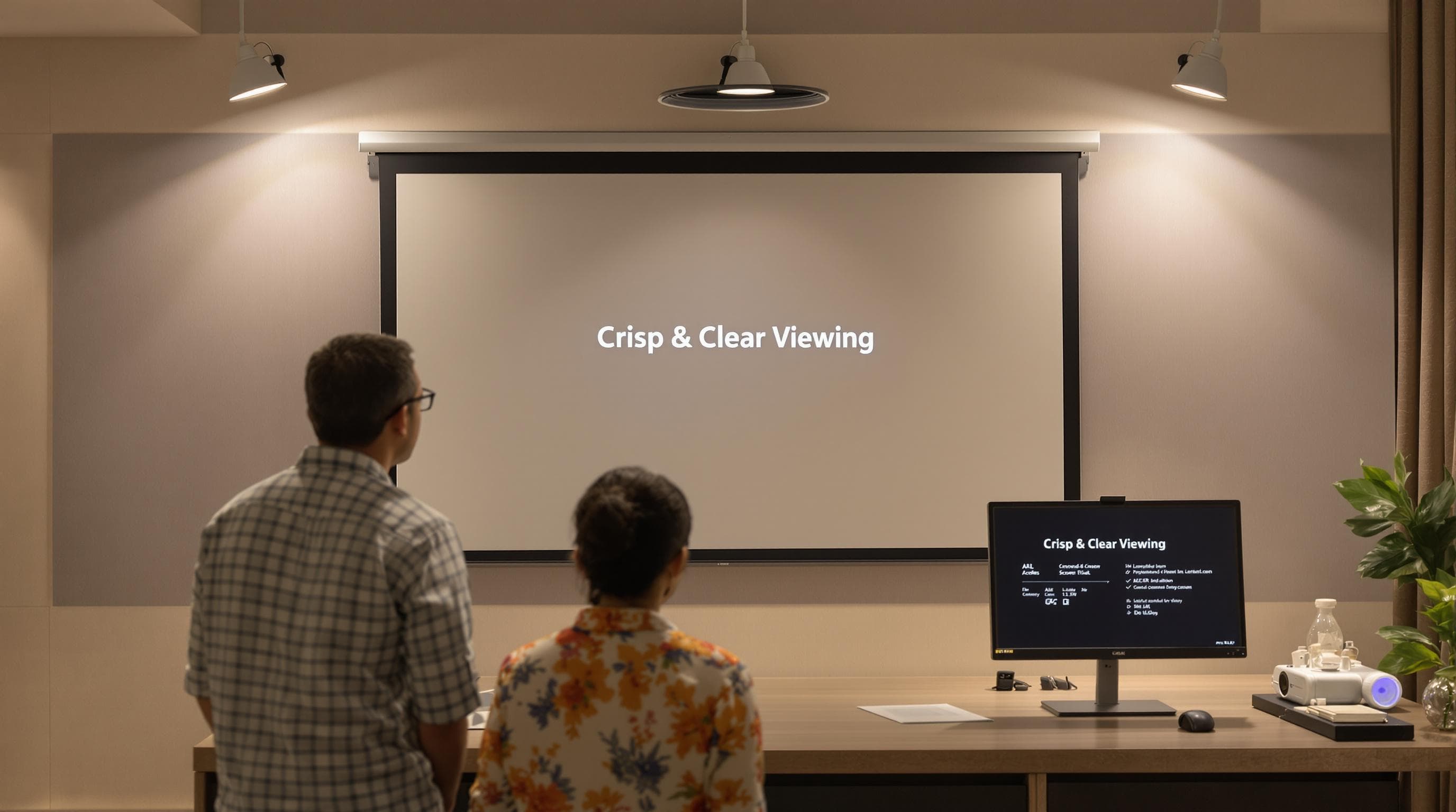 Two adults evaluating projection screen materials for home theater clarity