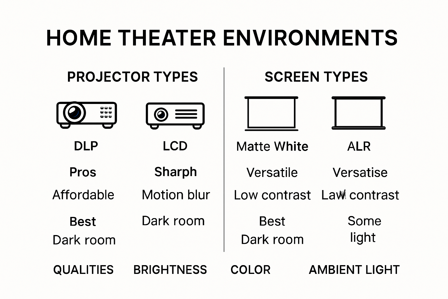 Infographic comparing projector and screen types for home theater setups