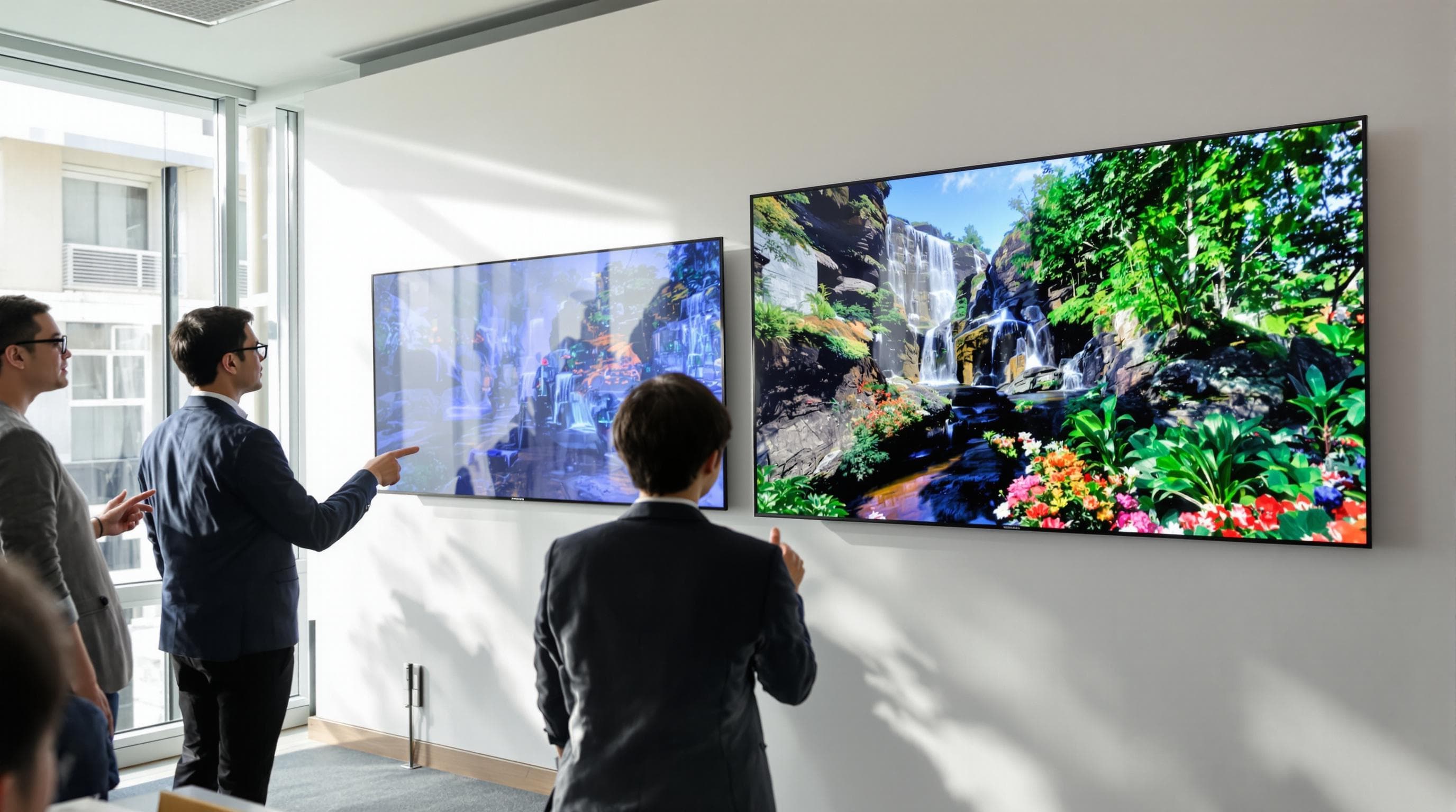 Office demo of projector versus LED display with brightness compared