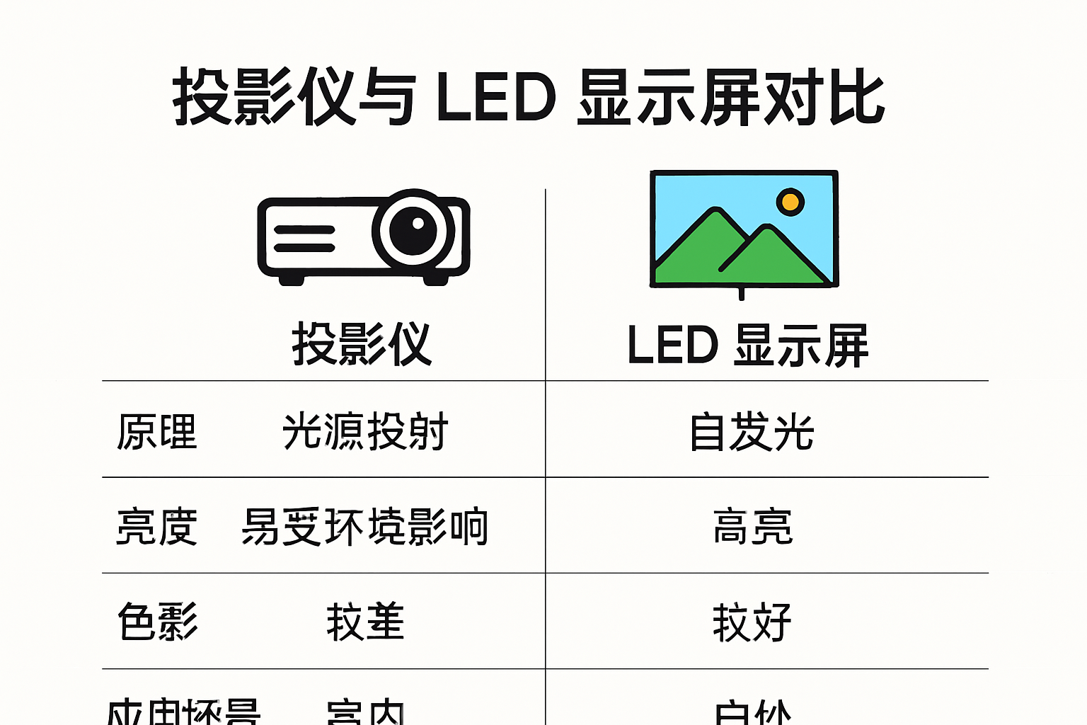 投影仪与LED显示屏对比信息图，涵盖原理、亮度、色彩与应用场景