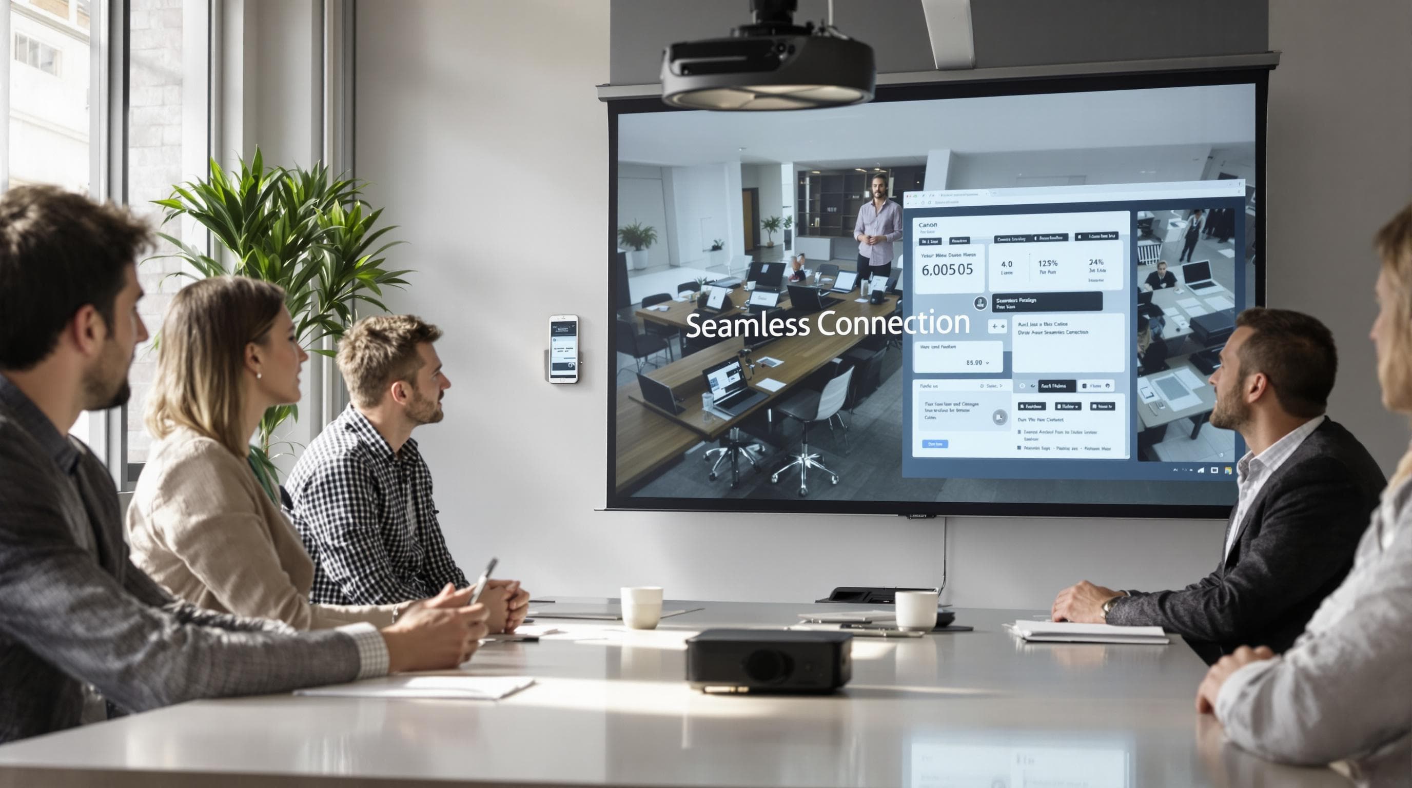 Office worker mirrors phone to projector for meeting with 'Seamless Connection' text overlay
