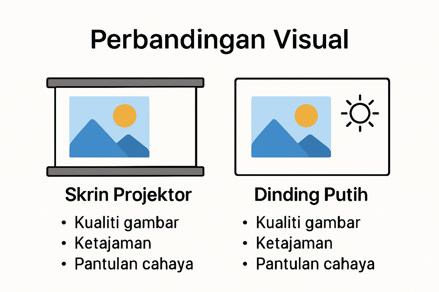 Perbandingan visual skrin projektor vs dinding putih