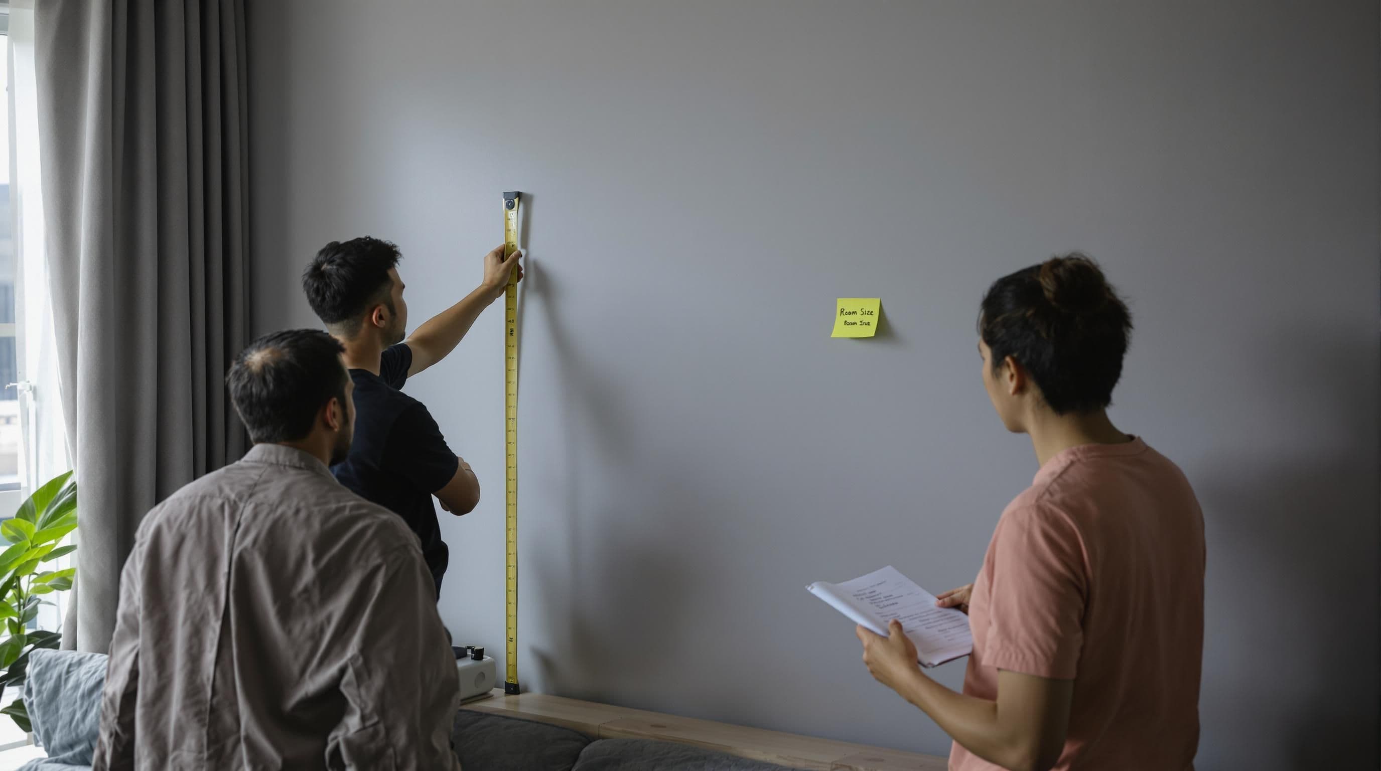 Malaysian professionals measuring wall in compact apartment for projector screen