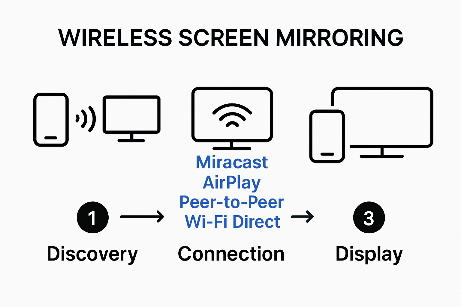 Infographic showing how wireless screen mirroring works step by step