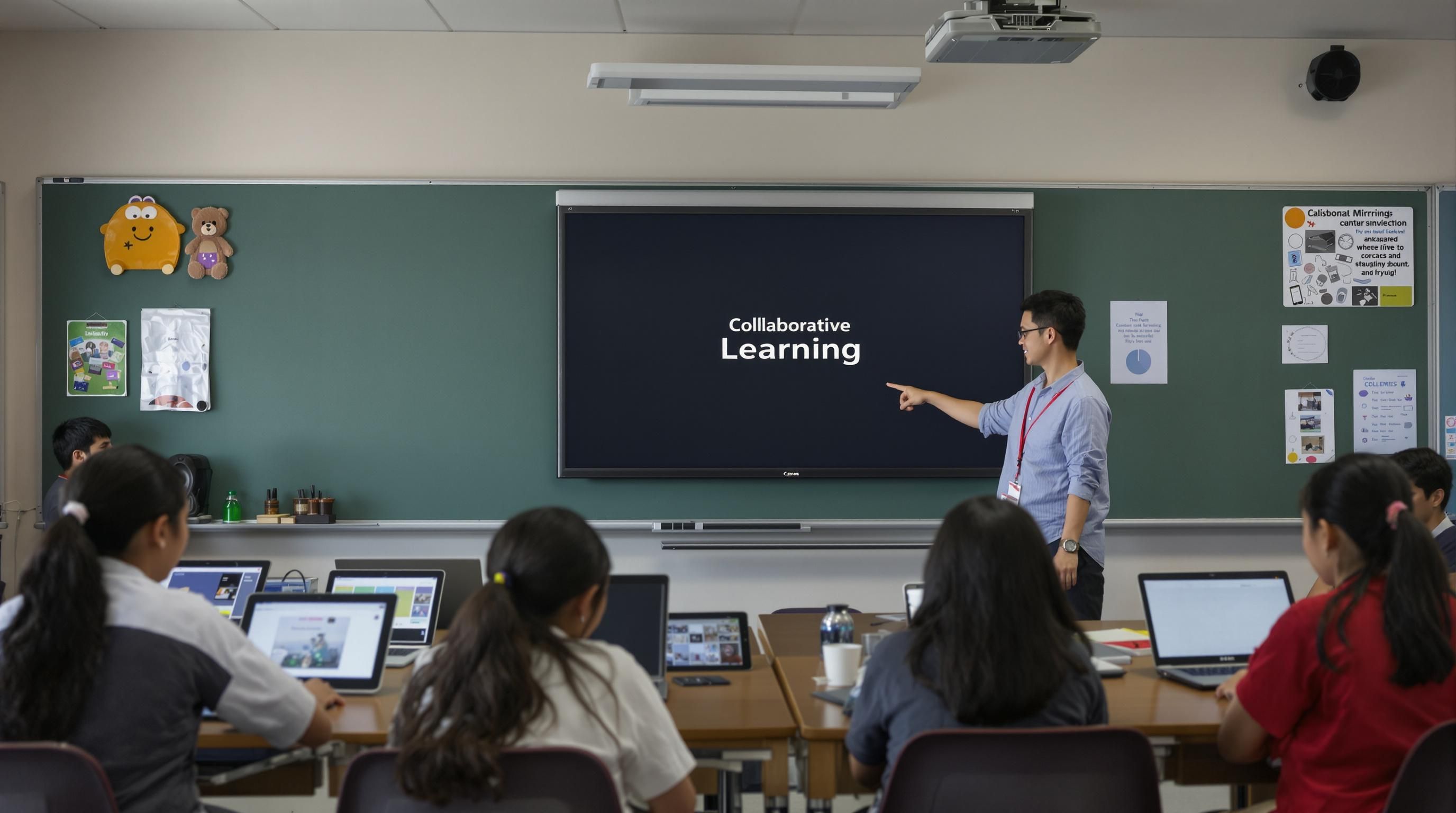 Malaysian students projecting device screens wirelessly for collaborative classroom learning