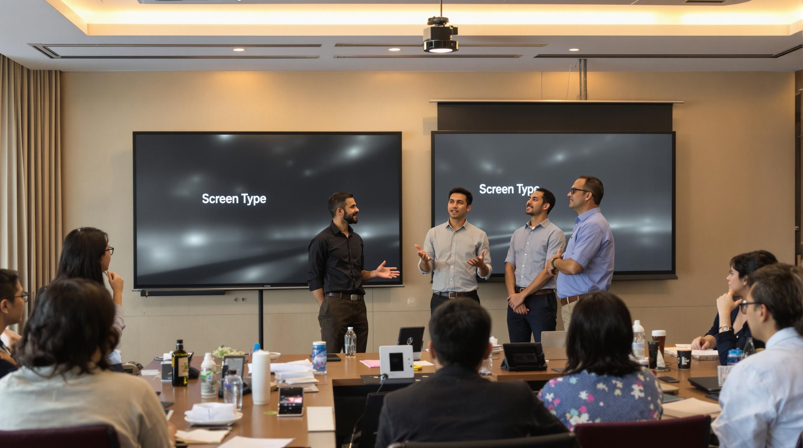 Malaysian professionals compare fixed and portable projector screens, text says 'Screen Type'.