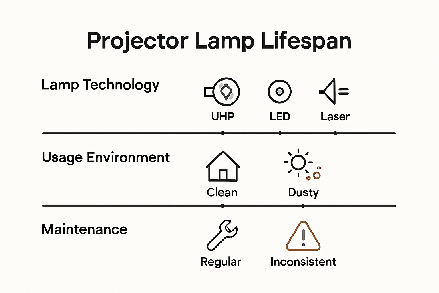 Infographic comparing projector lamp lifespans by technology and usage