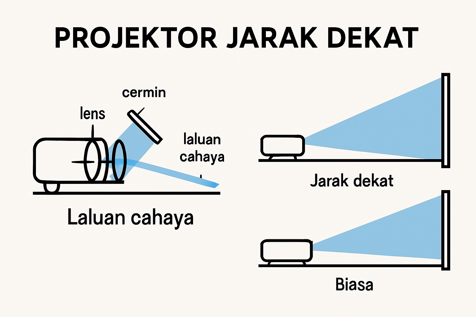 Diagram ringkas mekanisme lensa dan cermin short throw projektor