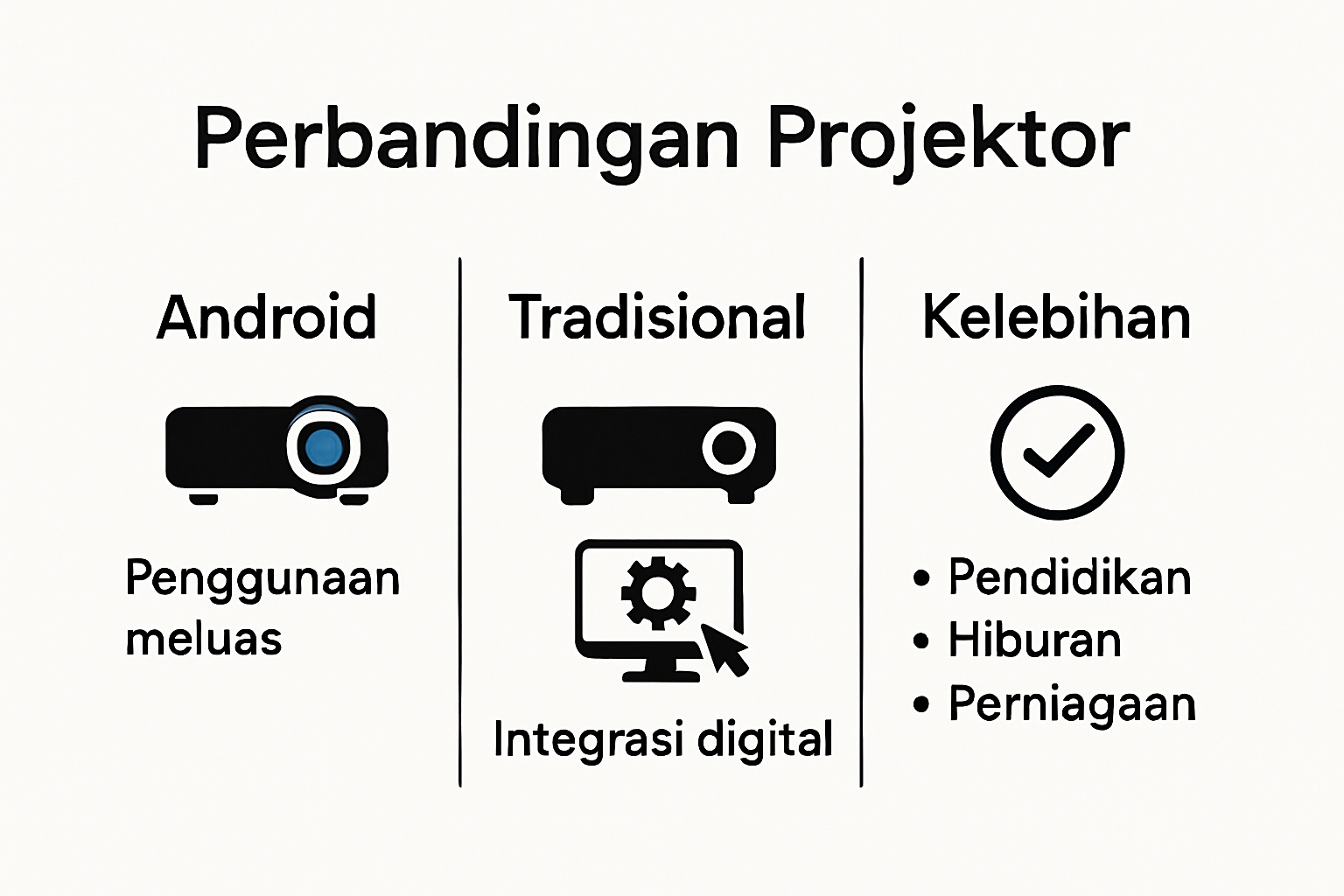 Infografik perbandingan kelebihan projektor android pelbagai bidang