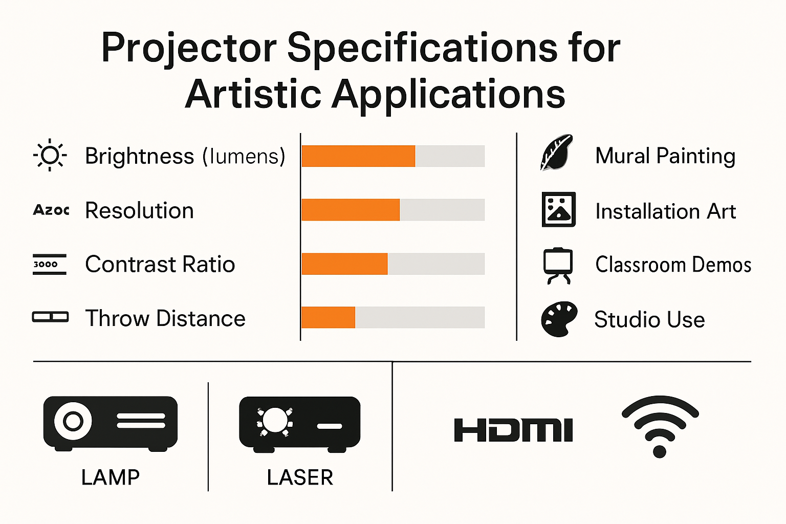 Comparison infographic of projector specifications for art uses