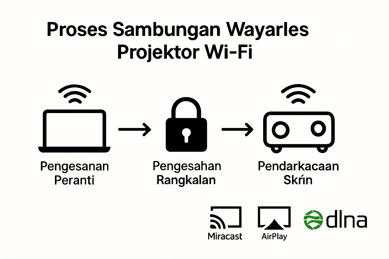 Infographic showing WiFi projector connection process and protocols