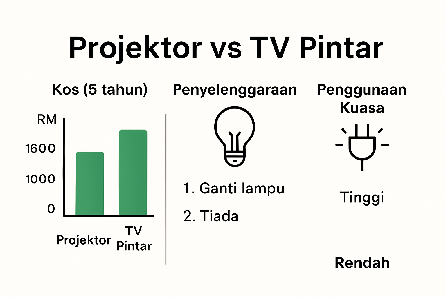 Infographic comparing costs and maintenance for smart TVs and projectors