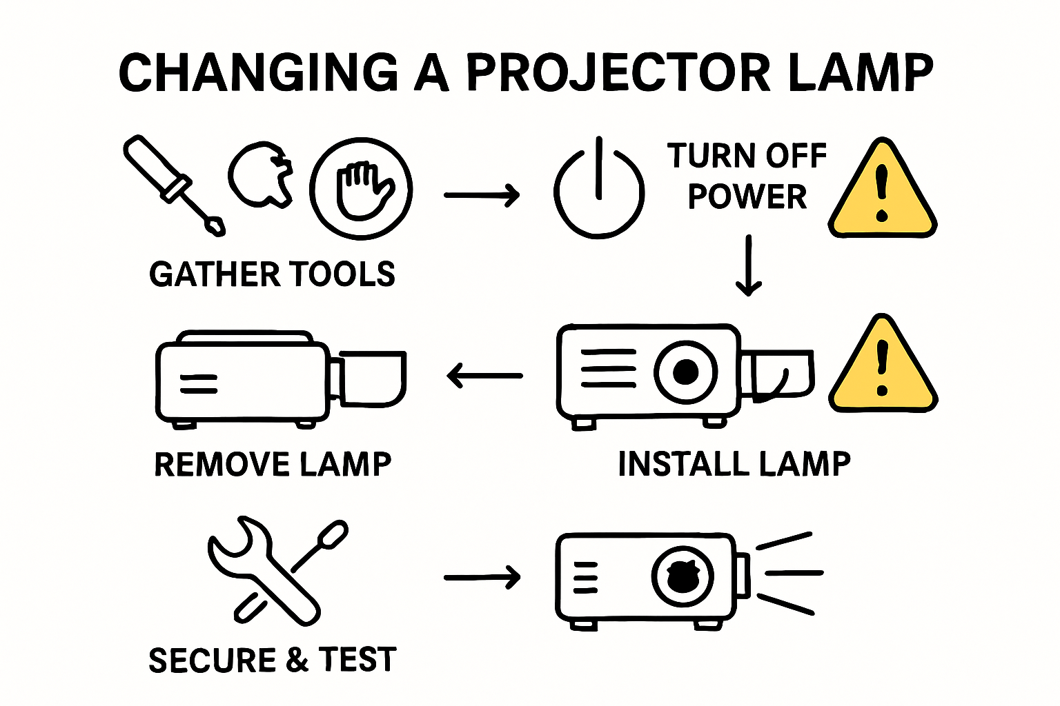 Step-by-step projector lamp replacement infographic