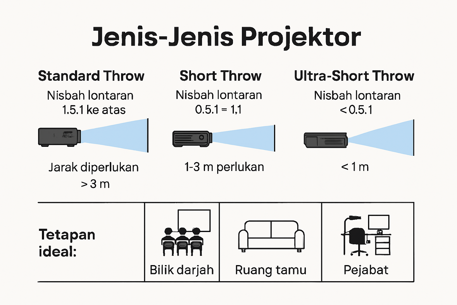 Standard vs short vs ultra-short throw projector infographic