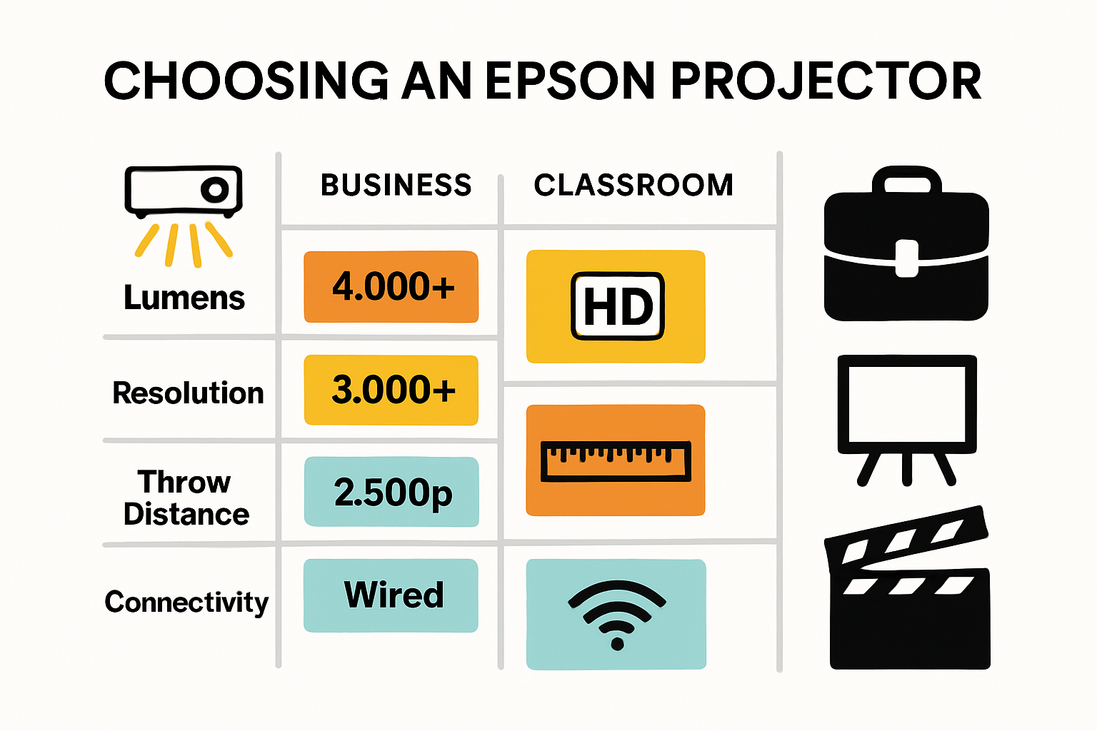 Infographic comparing Epson projector specs and uses