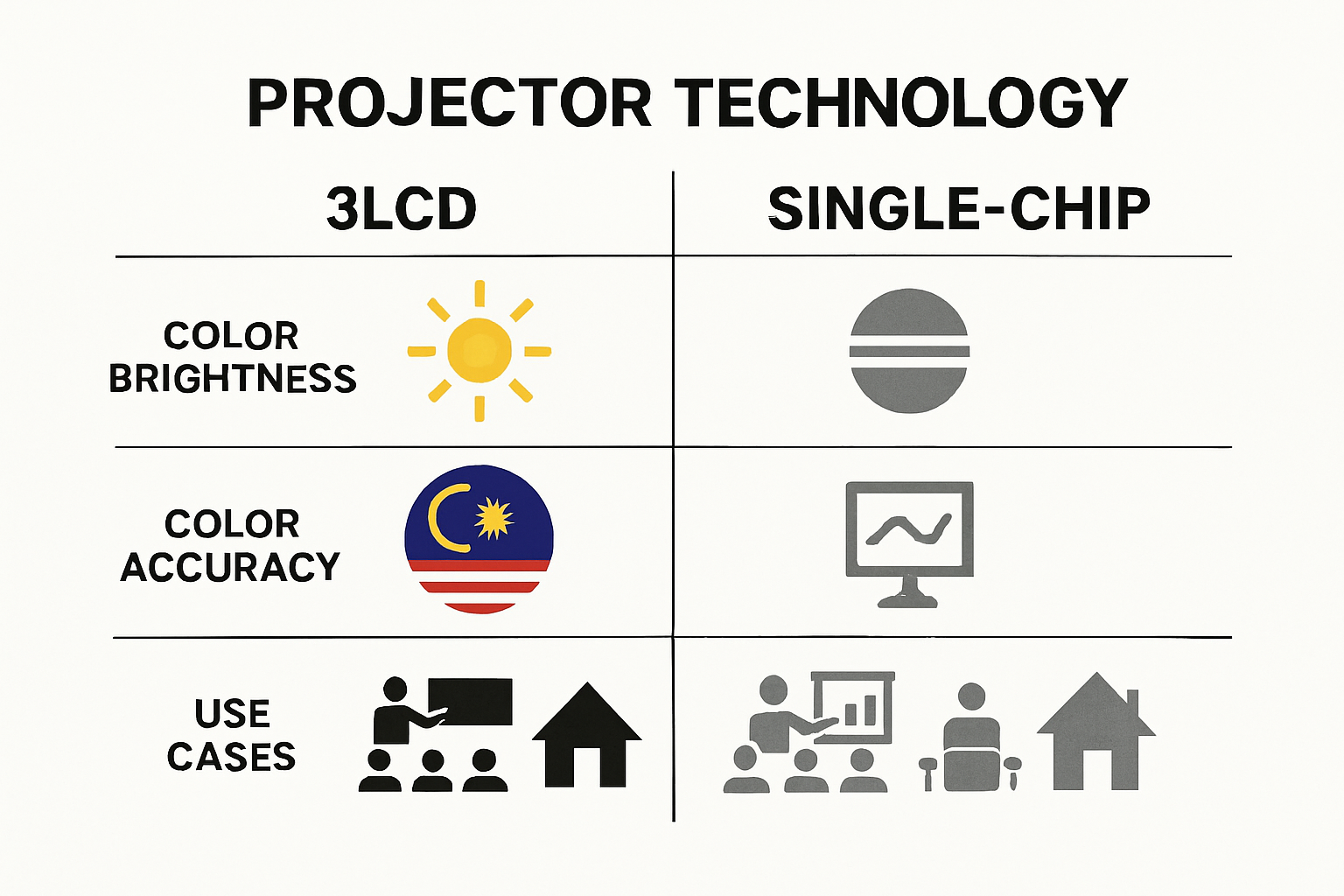 Infographic comparing 3LCD and single-chip projector technologies