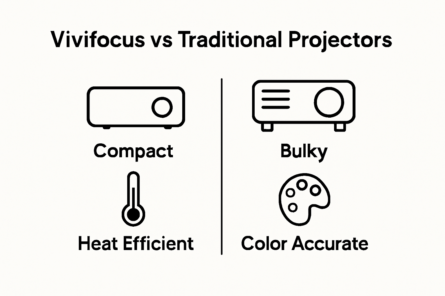 Comparison of Vivifocus and two other projectors using icons for size, heat, color.