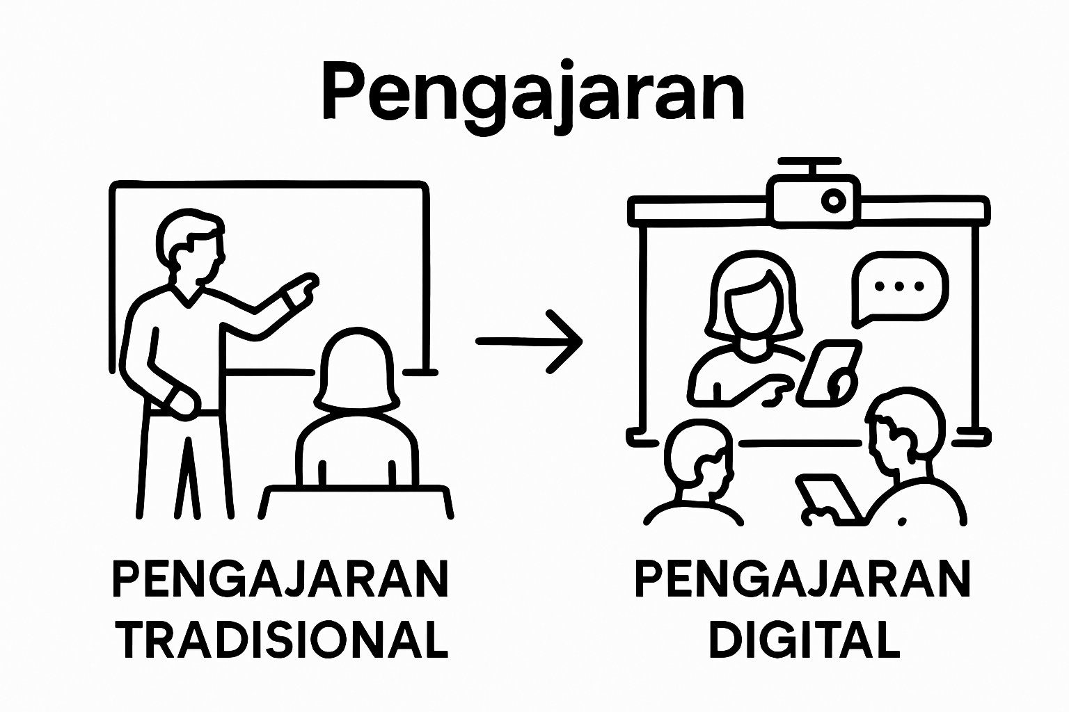 Perbandingan visual pengajaran tradisional dengan papan hitam dan pengajaran digital dengan projektor.