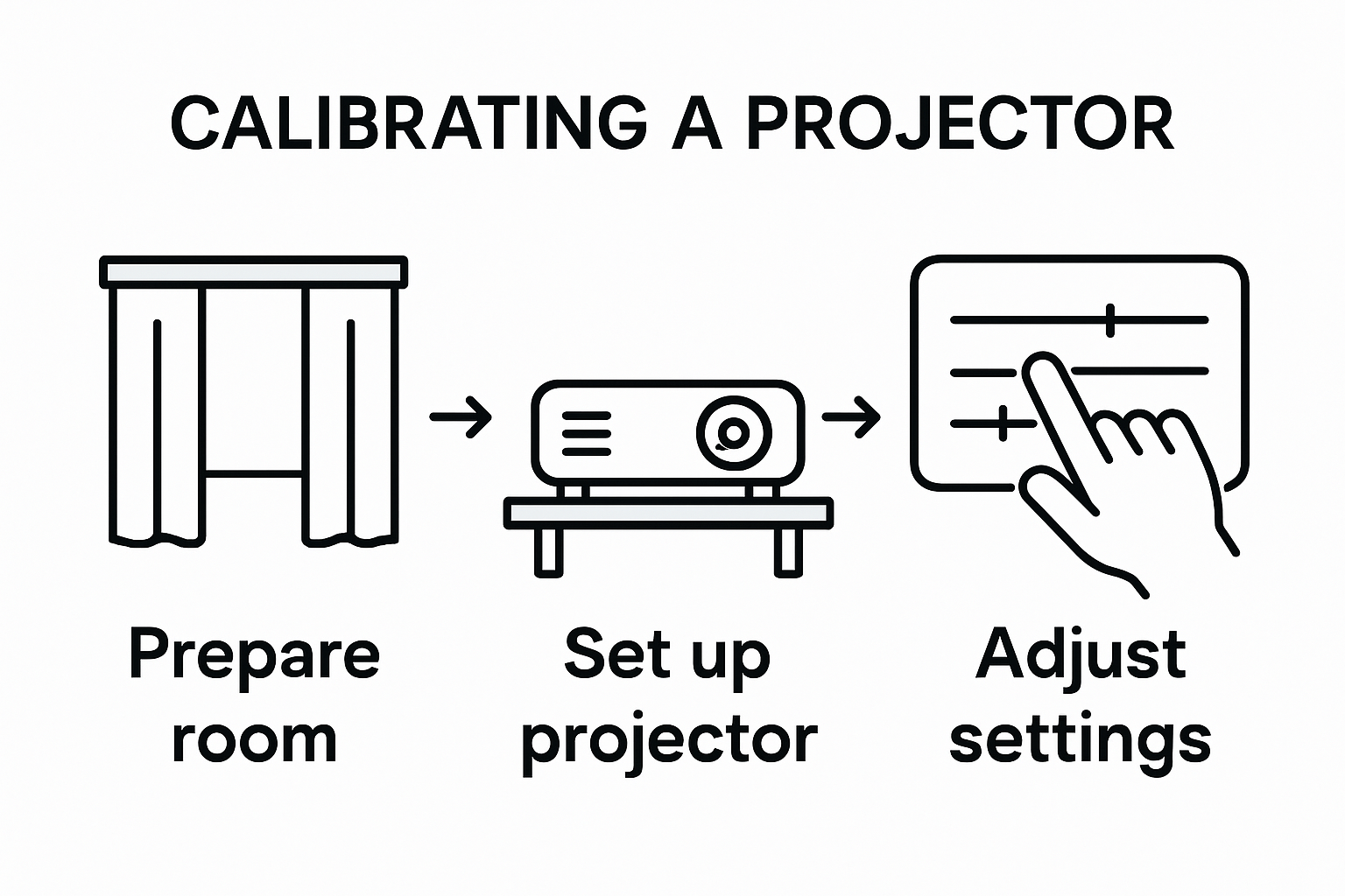 Infographic showing projector calibration in three steps: prepare room, set up projector, adjust settings.