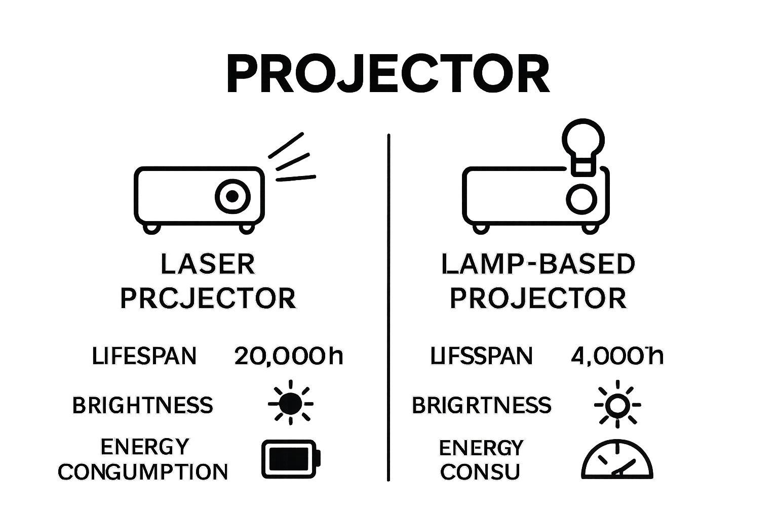 Infographic comparing laser projector and lamp projector by lifespan, brightness, and energy use