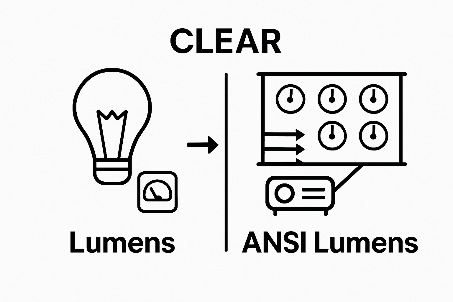 Side-by-side visual of lumens vs ANSI lumens measurement method with icons
