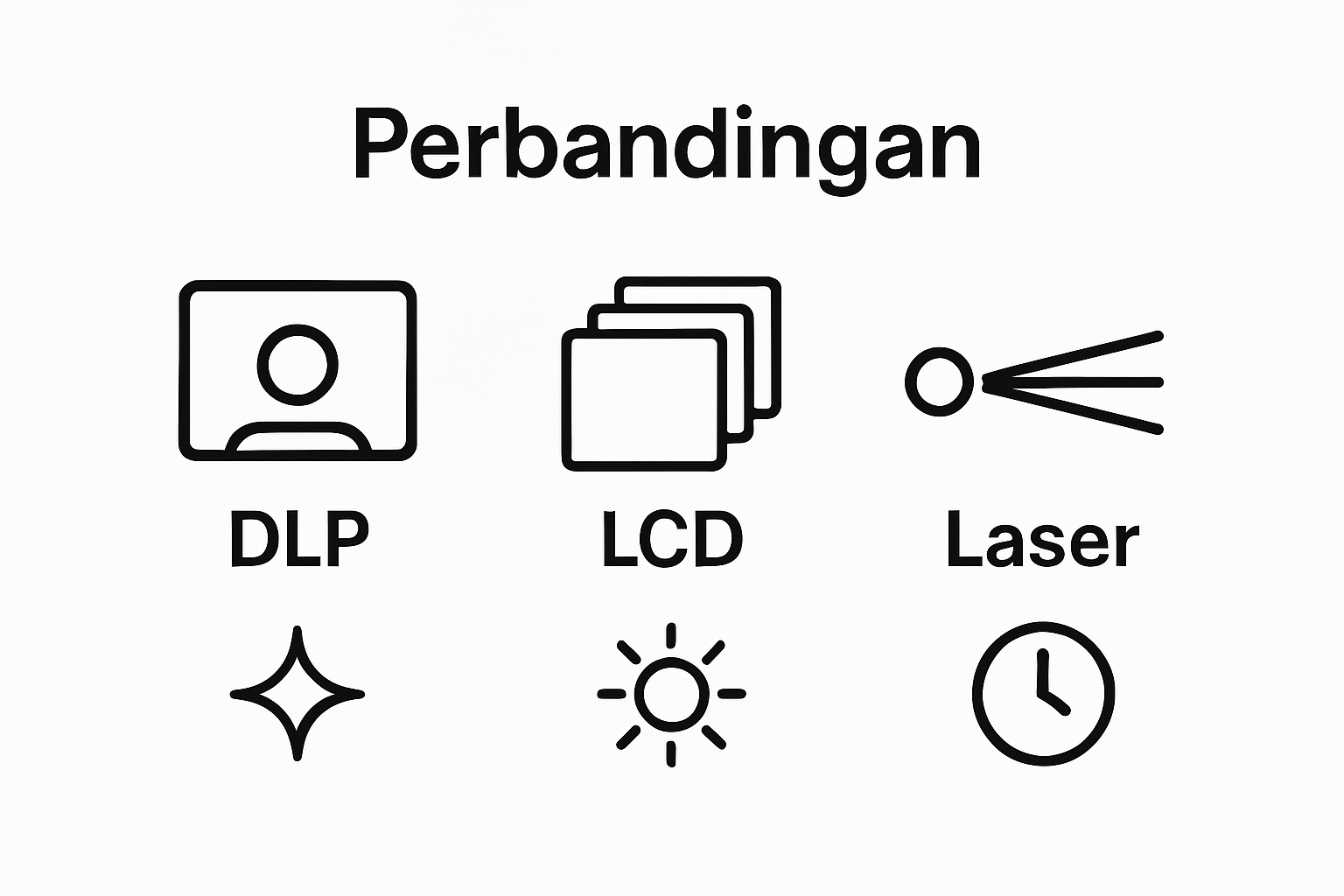 Pictorial comparison of DLP, LCD, and Laser projector strengths