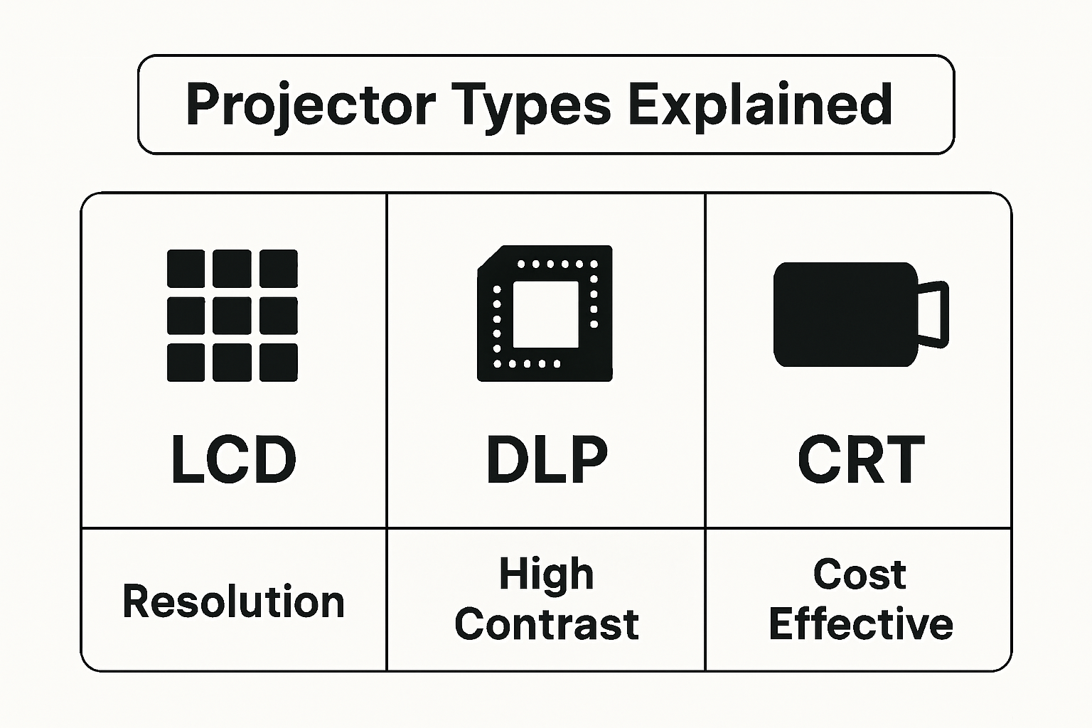 Simple icons and stats comparing LCD, DLP, and CRT projector technologies