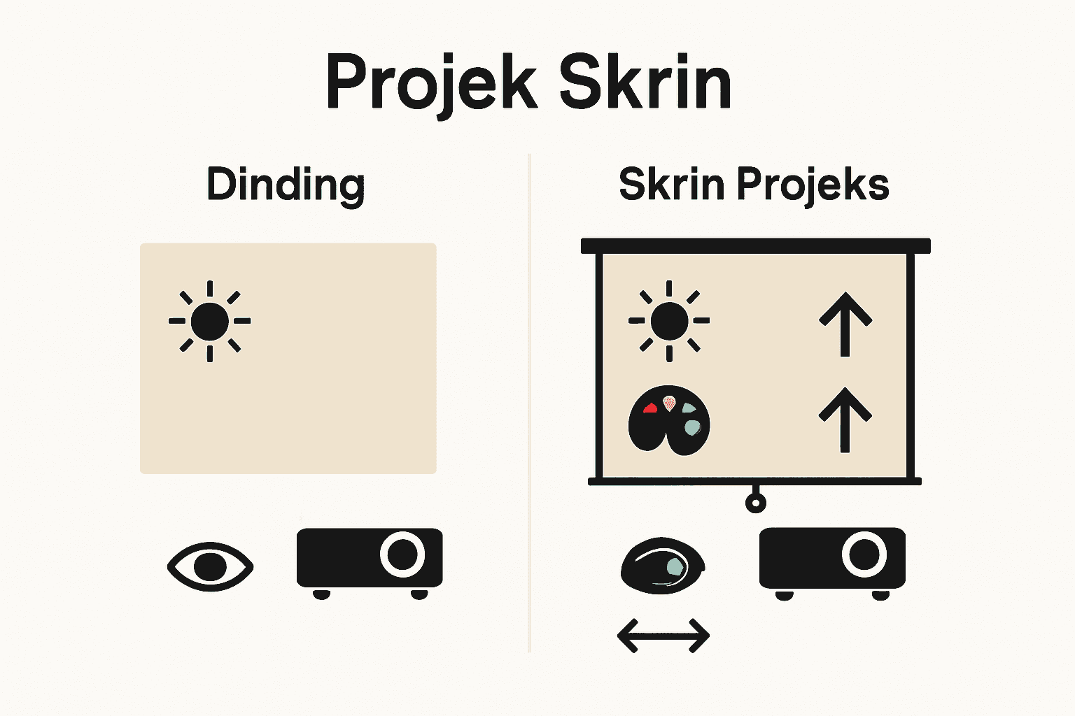 Perbandingan visual antara skrin projektor dan dinding biasa menggunakan ikon.