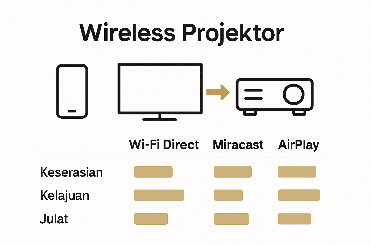 Infografik perbandingan tiga jenis utama wireless projektor