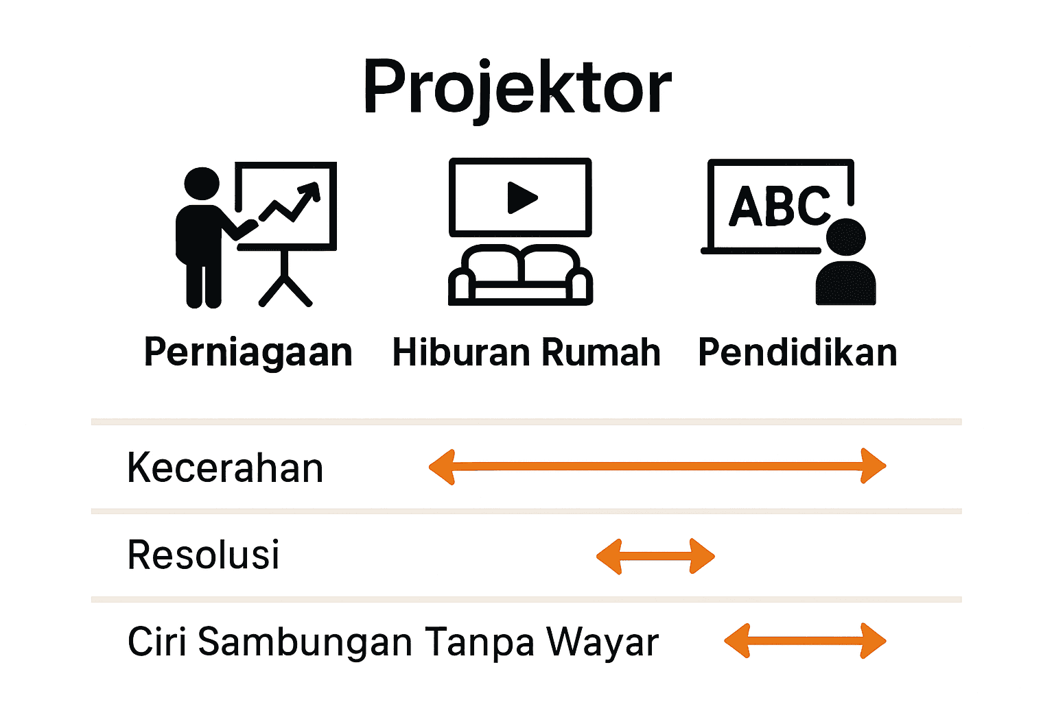 Infografik perbandingan ringkas keperluan projektor perniagaan, rumah dan pendidikan