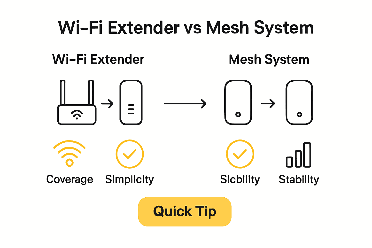 Infographic comparing WiFi extenders and mesh systems with icons and arrows