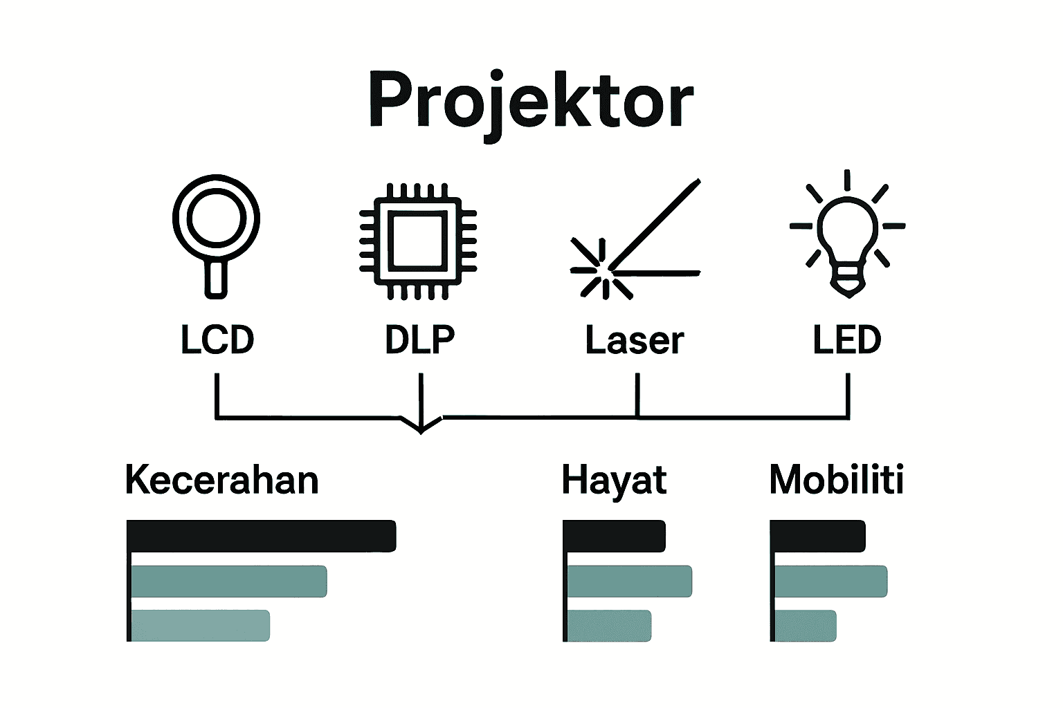 Infografik perbandingan ciri projektor LCD, DLP, Laser, LED