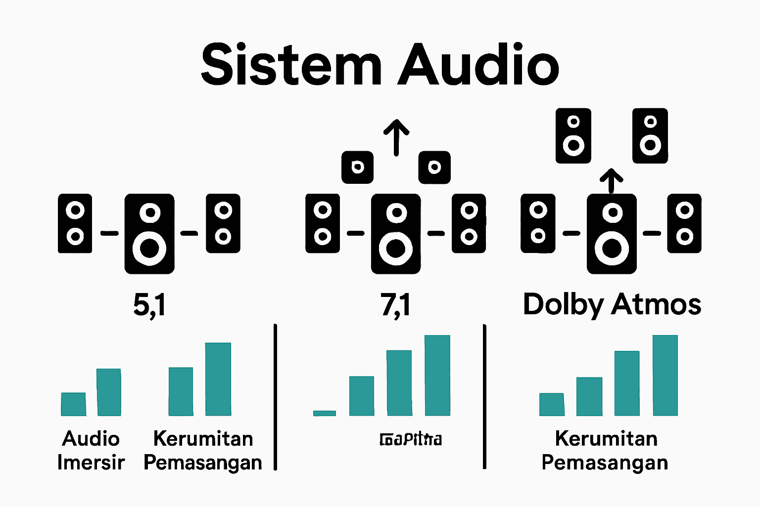 Infographic bandingkan sistem audio 5.1, 7.1 dan Atmos secara visual.