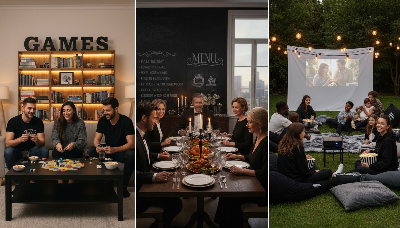 Three different home gathering scenes