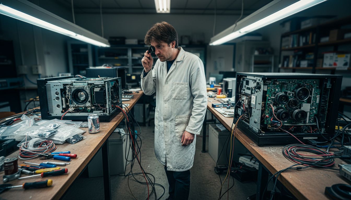 Technician comparing one-chip and three-chip DLP projectors