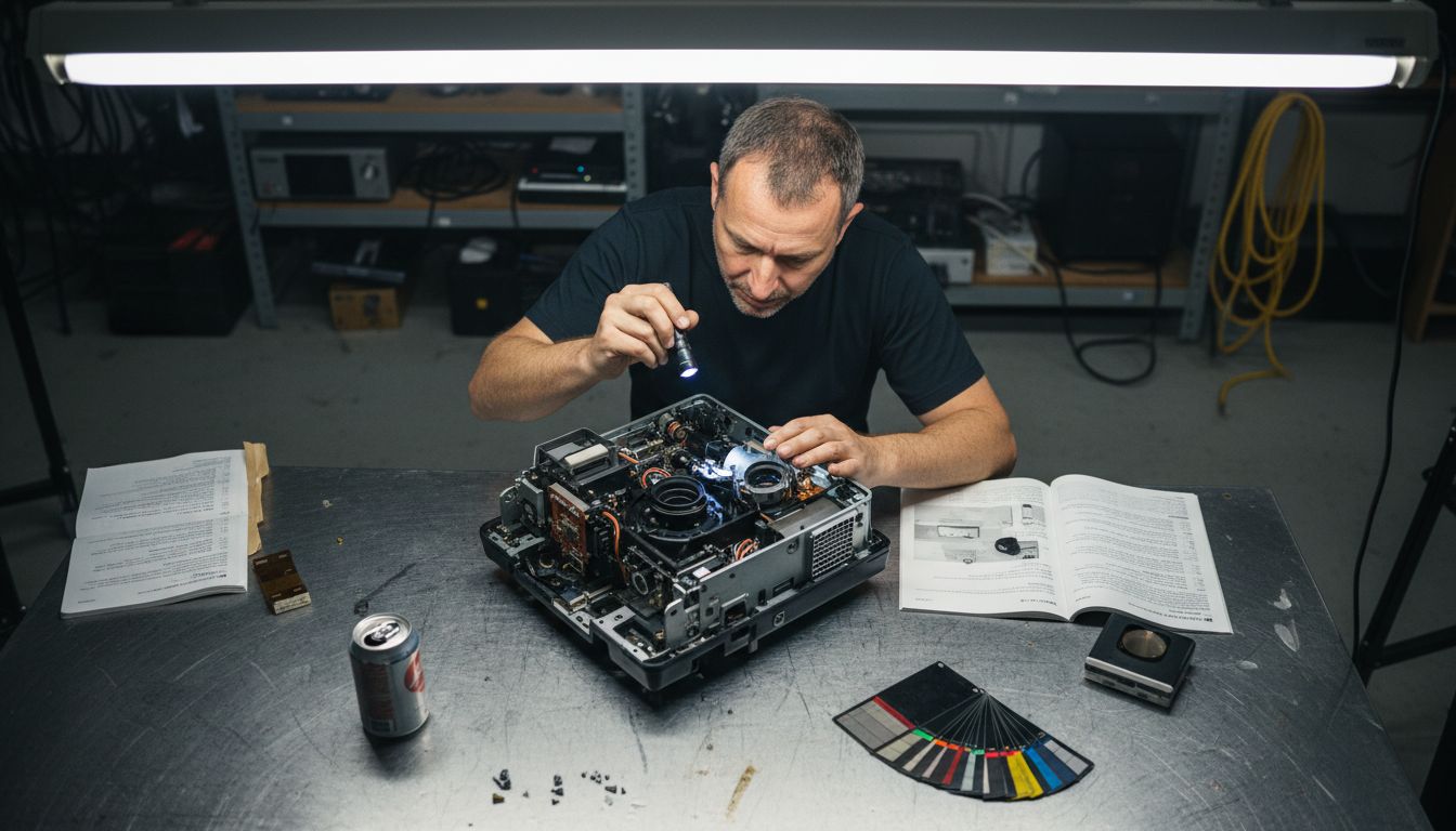Technician examining projector optics on workbench