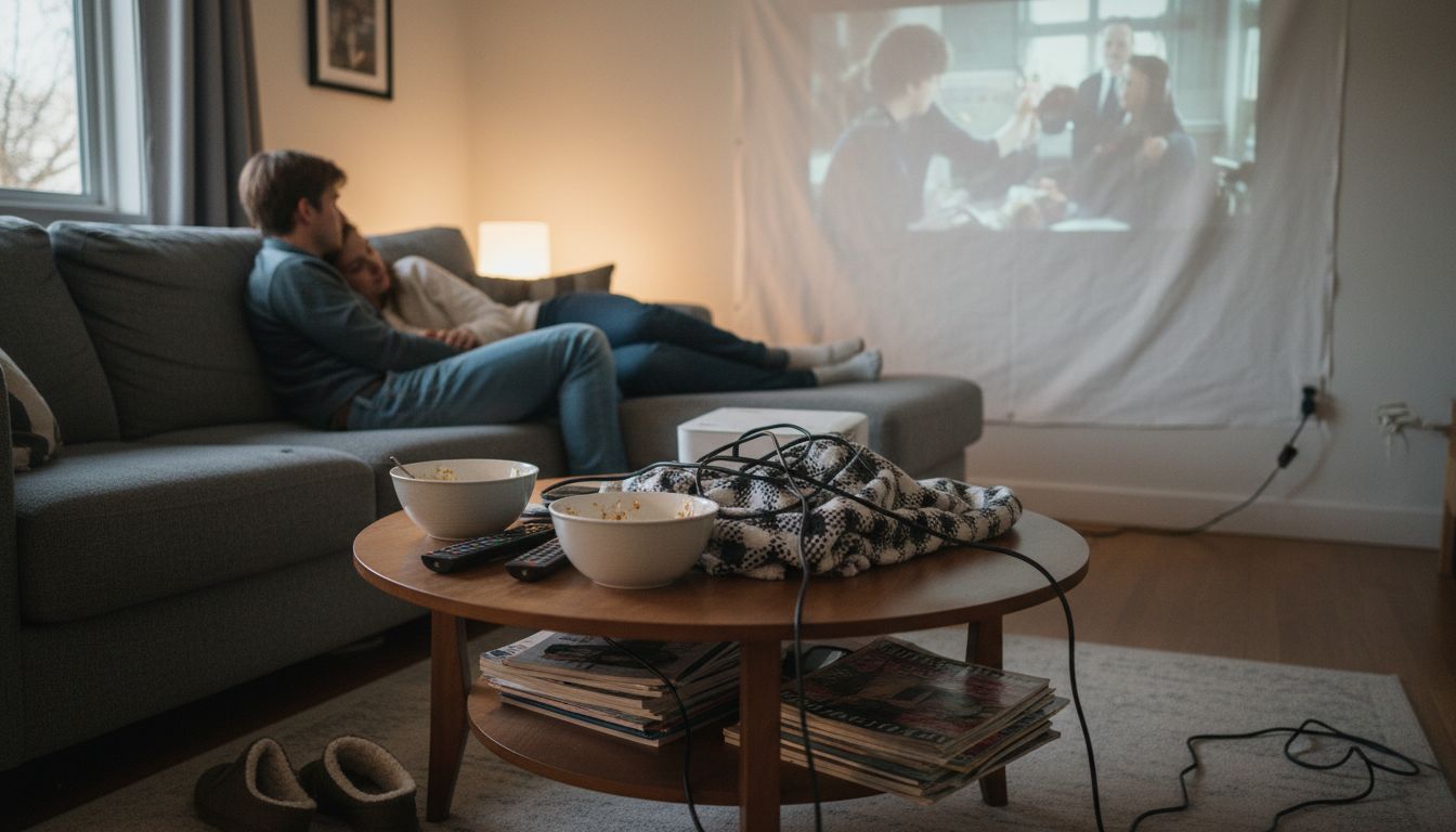 Couple watching movie with home projector