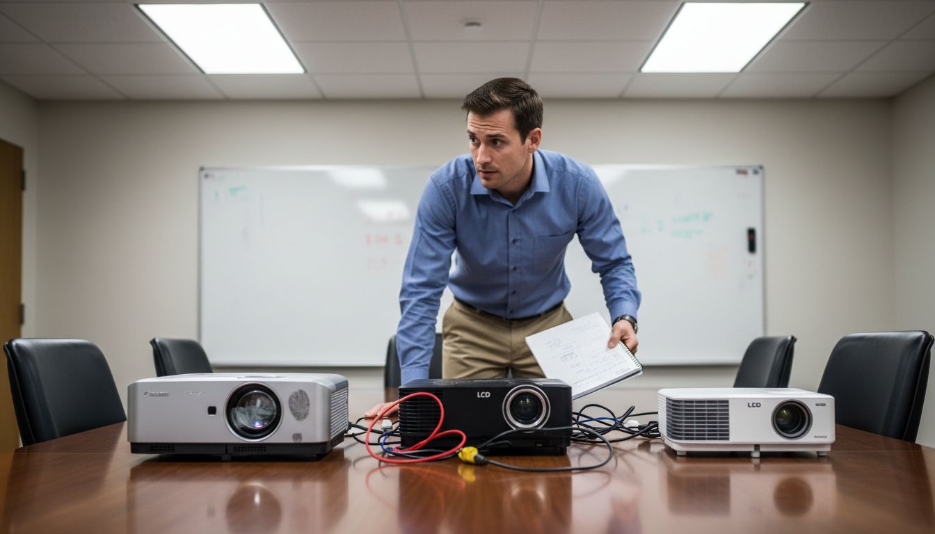 Worker comparing three projector types