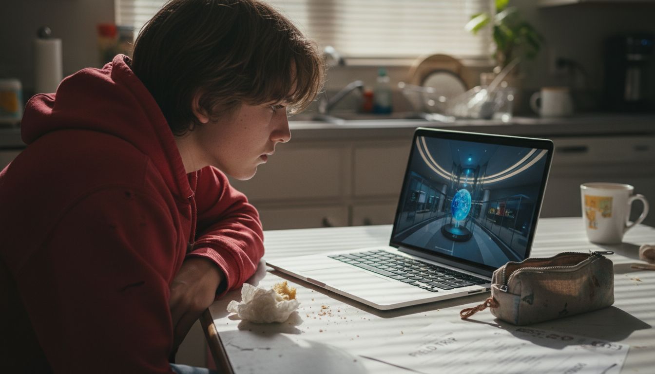 Teen exploring virtual science museum at home